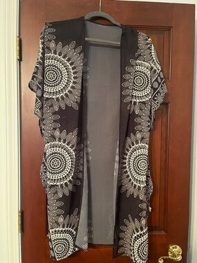 Black Sheer Kimono Cardigan with White Mandala Print